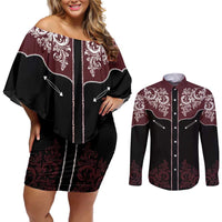 Vintage Western Cowboy Couples Matching Off Shoulder Short Dress and Long Sleeve Button Shirt Black Version - Wonder Print Shop