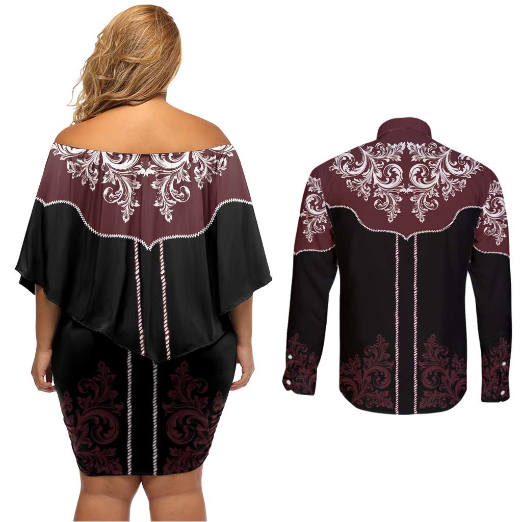 Vintage Western Cowboy Couples Matching Off Shoulder Short Dress and Long Sleeve Button Shirt Black Version - Wonder Print Shop