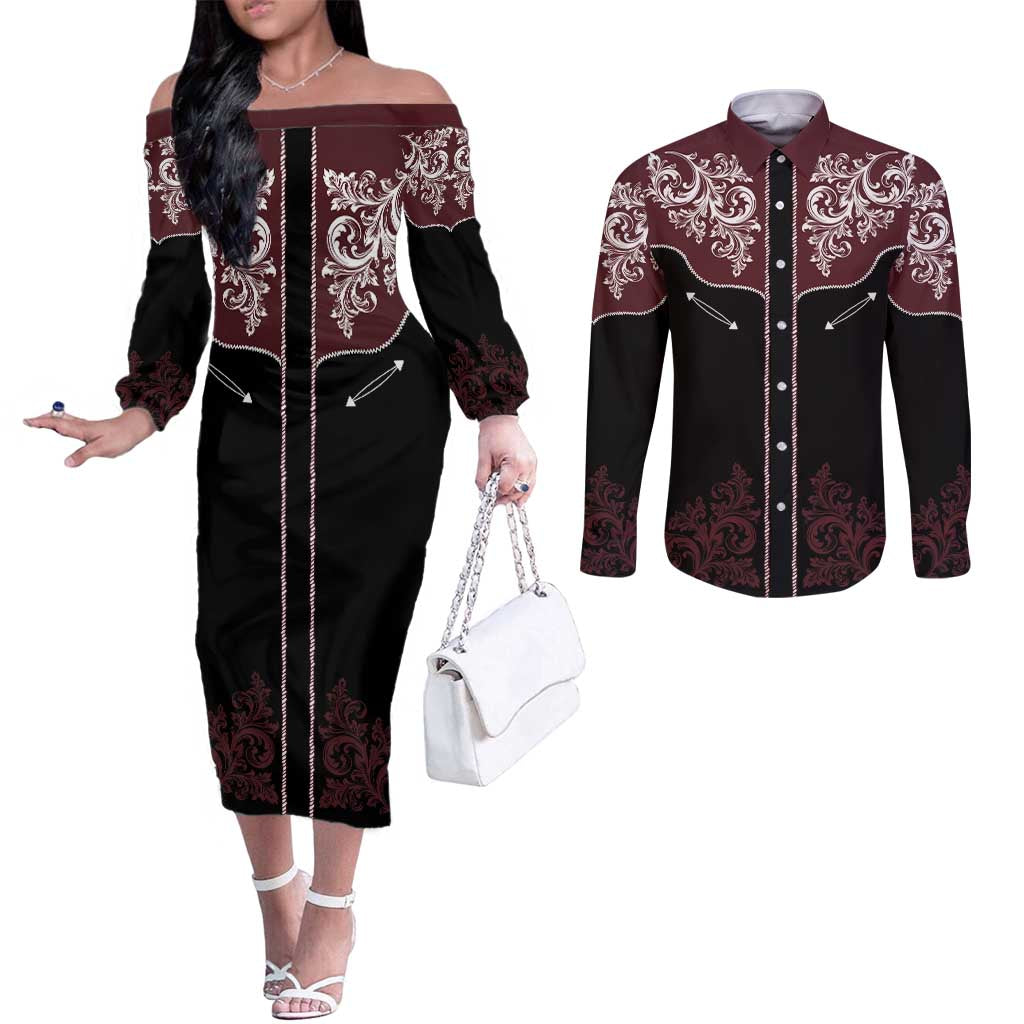 Vintage Western Cowboy Couples Matching Off The Shoulder Long Sleeve Dress and Long Sleeve Button Shirt Black Version - Wonder Print Shop