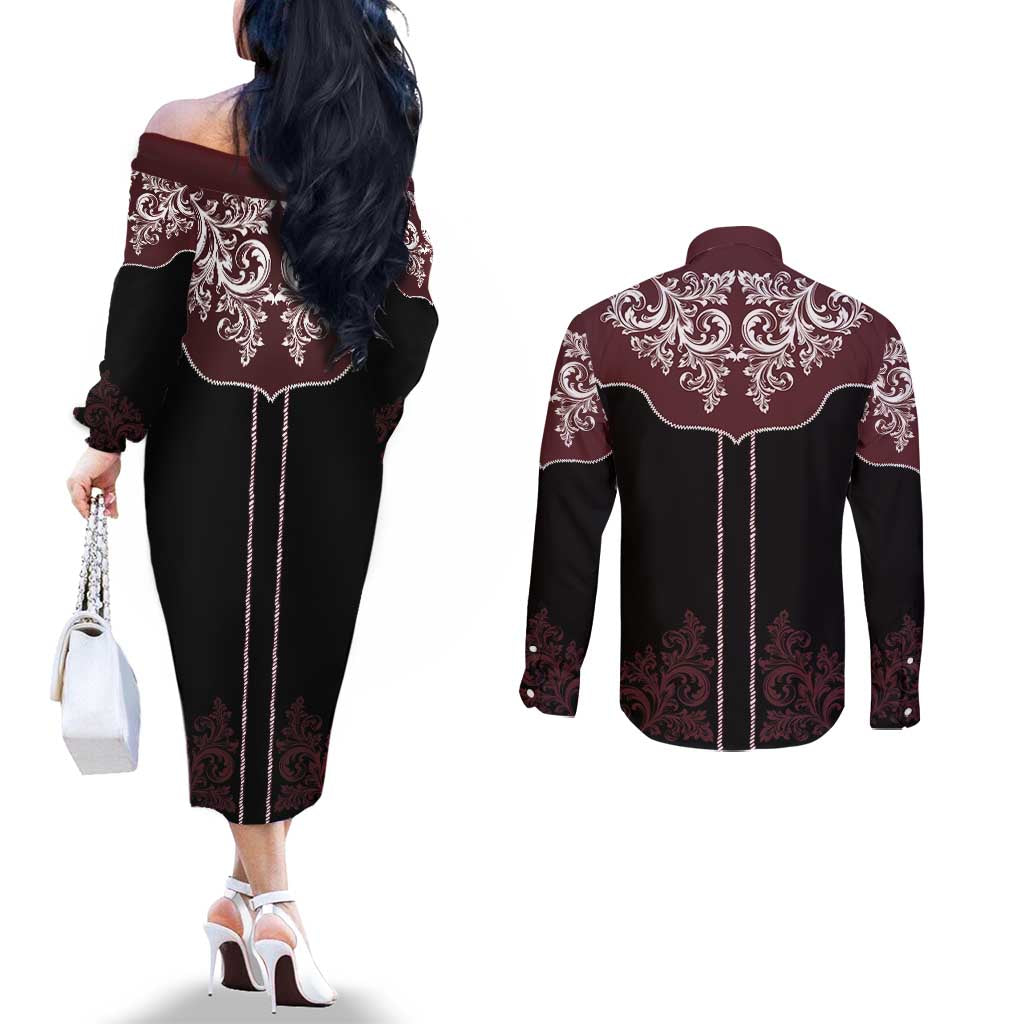 Vintage Western Cowboy Couples Matching Off The Shoulder Long Sleeve Dress and Long Sleeve Button Shirt Black Version - Wonder Print Shop