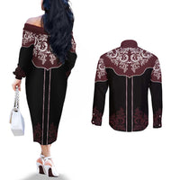 Vintage Western Cowboy Couples Matching Off The Shoulder Long Sleeve Dress and Long Sleeve Button Shirt Black Version - Wonder Print Shop