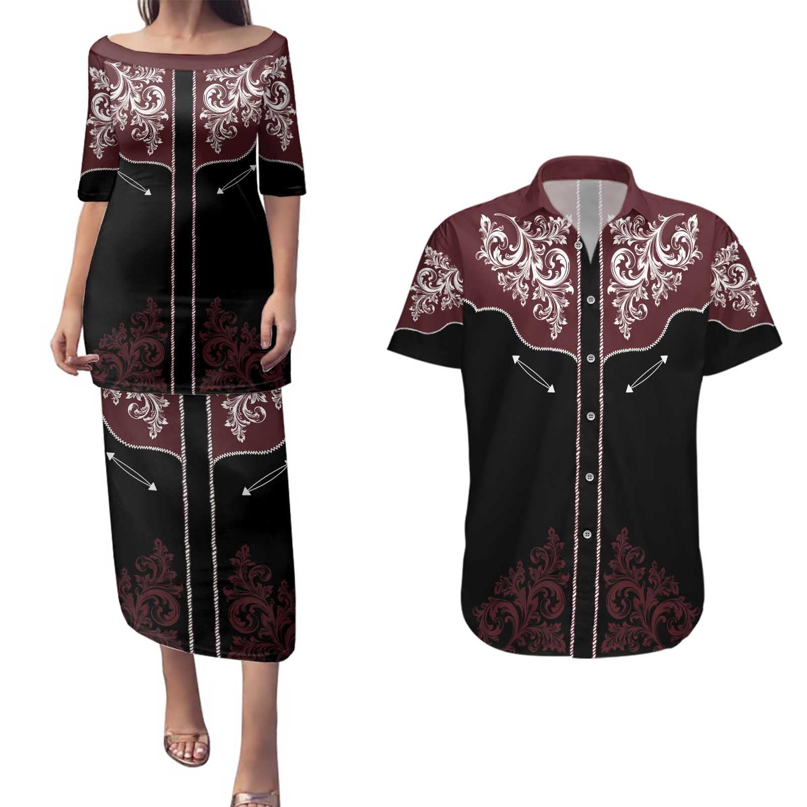 Vintage Western Cowboy Couples Matching Puletasi and Hawaiian Shirt Black Version - Wonder Print Shop