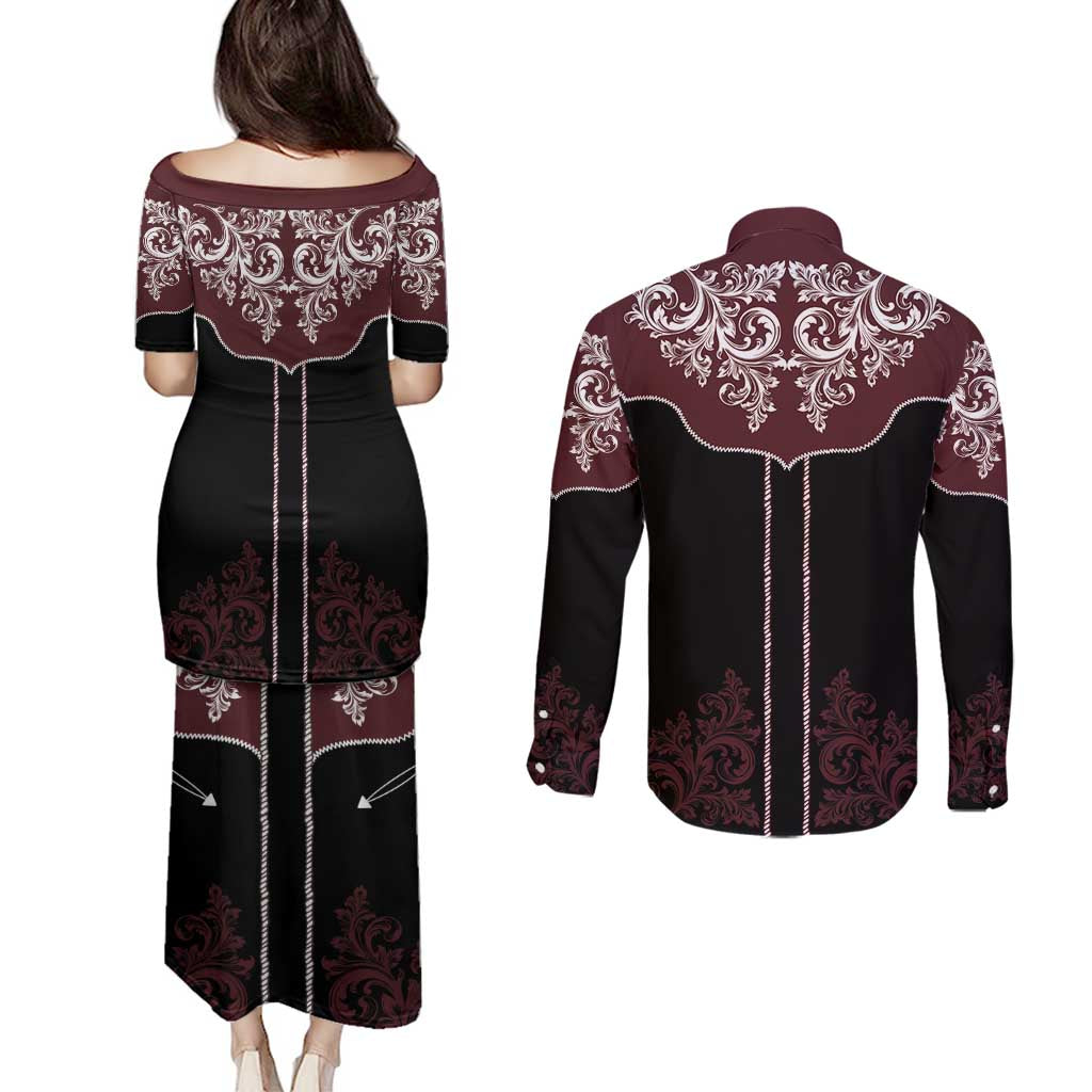 Vintage Western Cowboy Couples Matching Puletasi and Long Sleeve Button Shirt Black Version - Wonder Print Shop