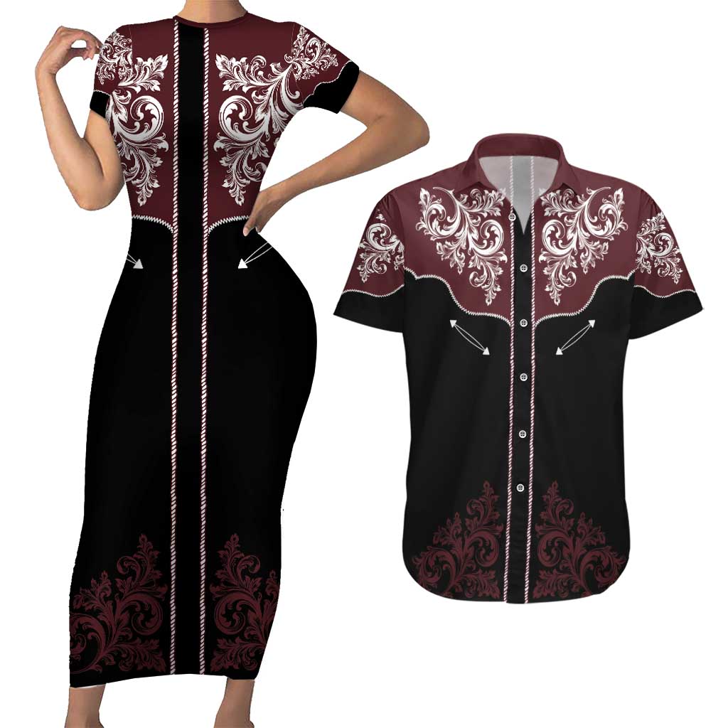Vintage Western Cowboy Couples Matching Short Sleeve Bodycon Dress and Hawaiian Shirt Black Version - Wonder Print Shop