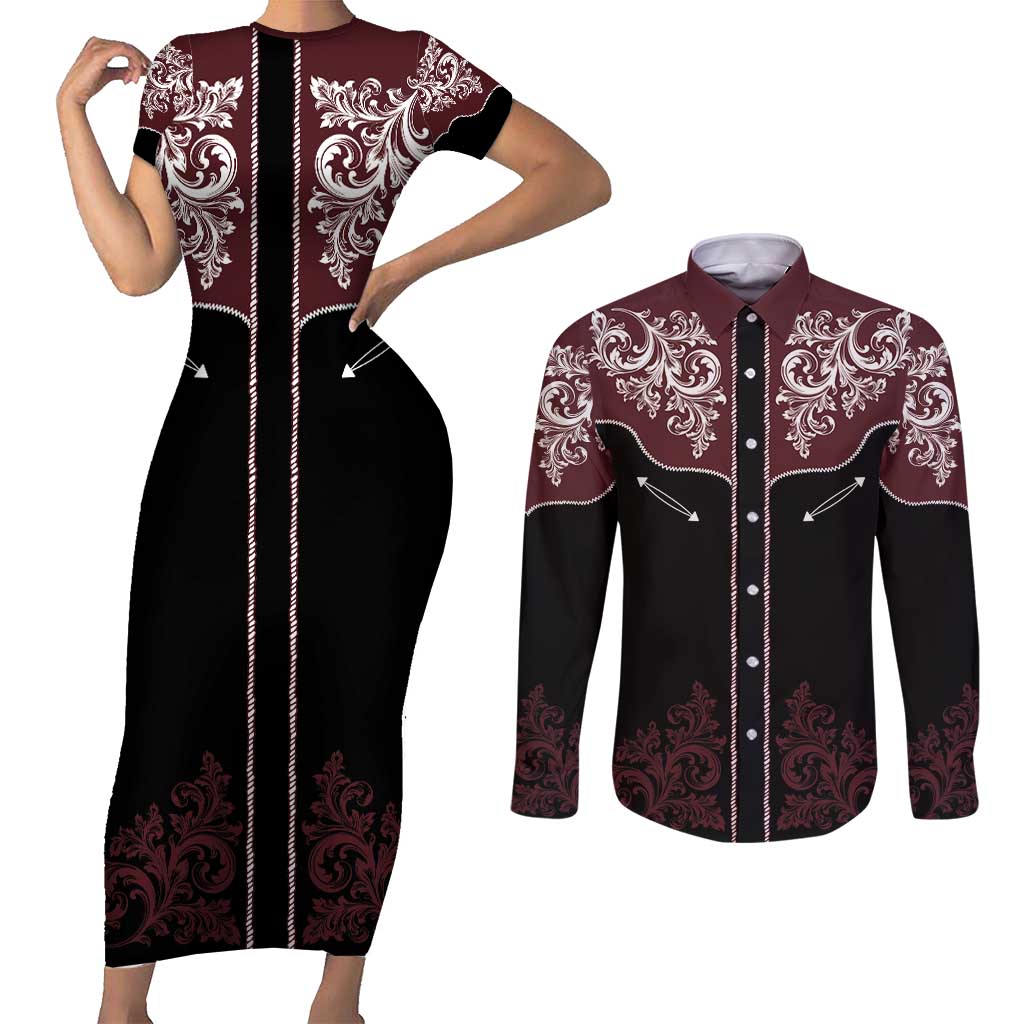 Vintage Western Cowboy Couples Matching Short Sleeve Bodycon Dress and Long Sleeve Button Shirt Black Version - Wonder Print Shop