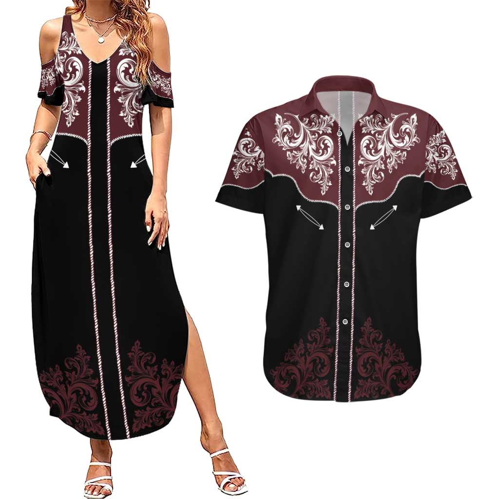 Vintage Western Cowboy Couples Matching Summer Maxi Dress and Hawaiian Shirt Black Version - Wonder Print Shop