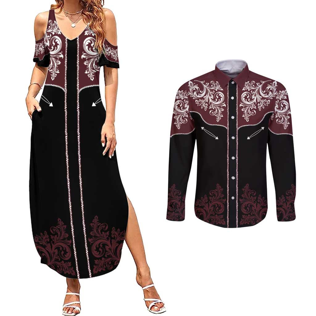 Vintage Western Cowboy Couples Matching Summer Maxi Dress and Long Sleeve Button Shirt Black Version - Wonder Print Shop
