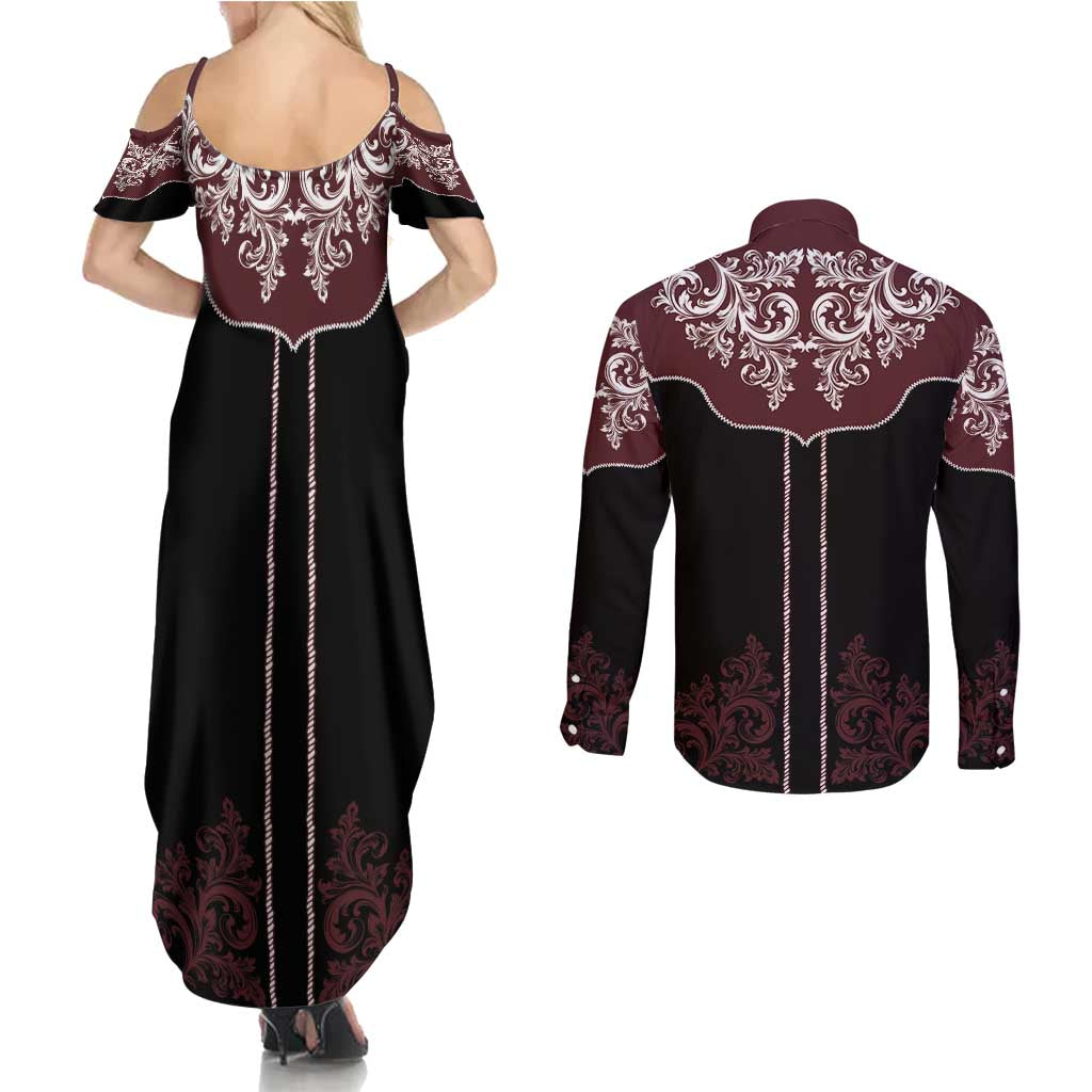Vintage Western Cowboy Couples Matching Summer Maxi Dress and Long Sleeve Button Shirt Black Version - Wonder Print Shop