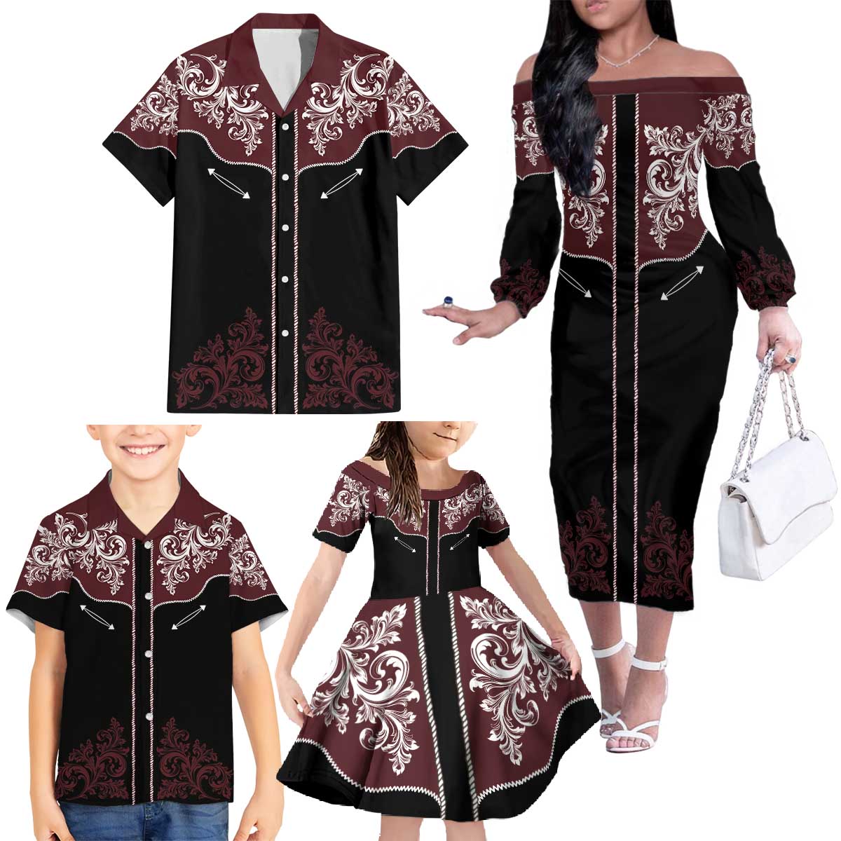 Vintage Western Cowboy Family Matching Off The Shoulder Long Sleeve Dress and Hawaiian Shirt Black Version - Wonder Print Shop