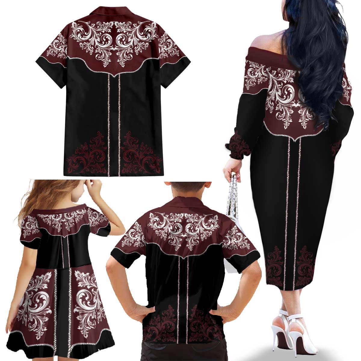 Vintage Western Cowboy Family Matching Off The Shoulder Long Sleeve Dress and Hawaiian Shirt Black Version - Wonder Print Shop