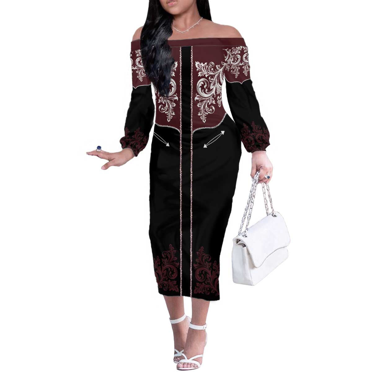 Vintage Western Cowboy Family Matching Off The Shoulder Long Sleeve Dress and Hawaiian Shirt Black Version - Wonder Print Shop