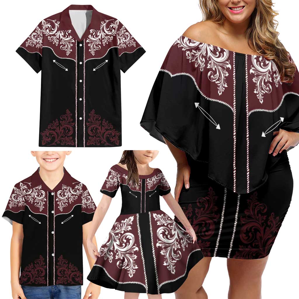 Vintage Western Cowboy Family Matching Off Shoulder Short Dress and Hawaiian Shirt Black Version - Wonder Print Shop