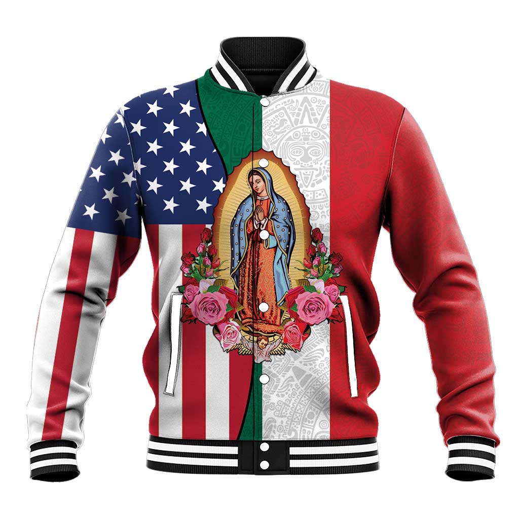 Guadalupe Virgin Mary Baseball Jacket Mexican American Flag - Wonder Print Shop