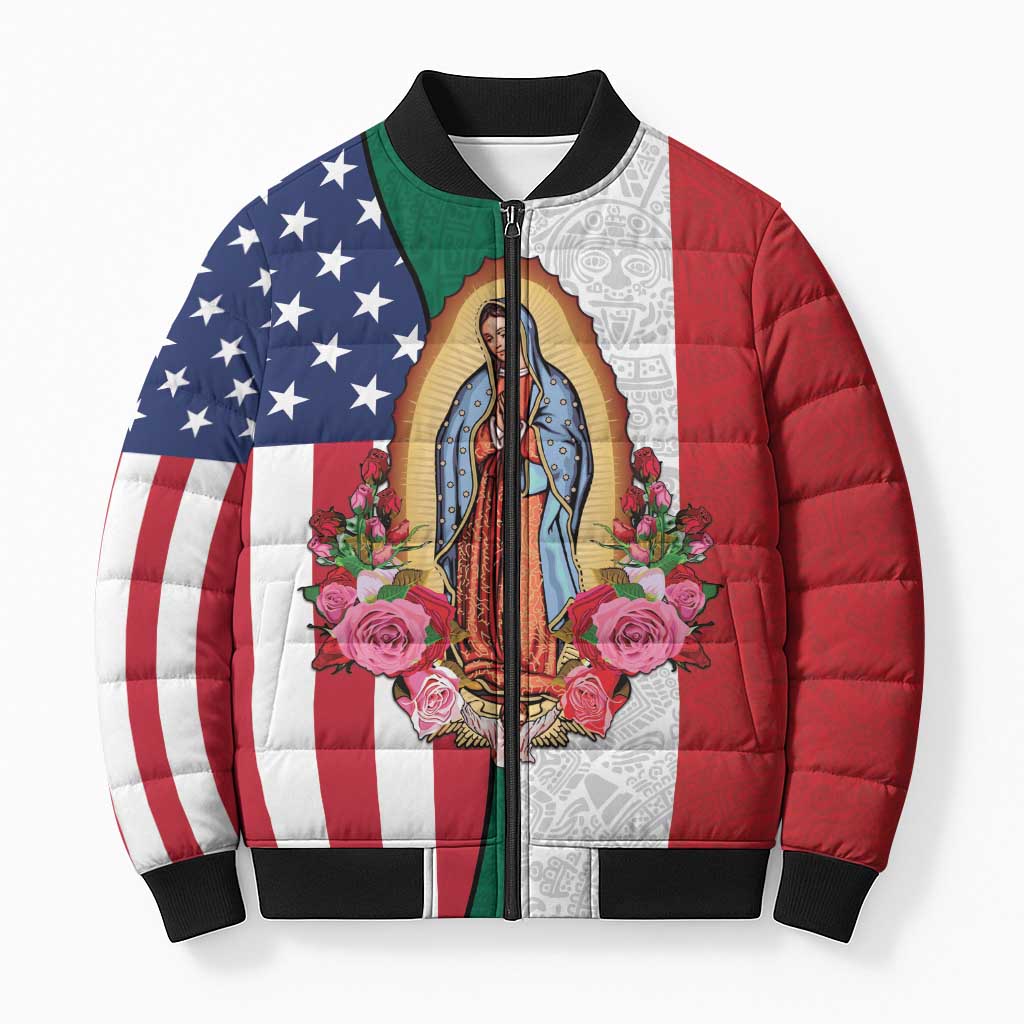Guadalupe Virgin Mary Bomber Puffer Jacket Mexican American Flag - Wonder Print Shop