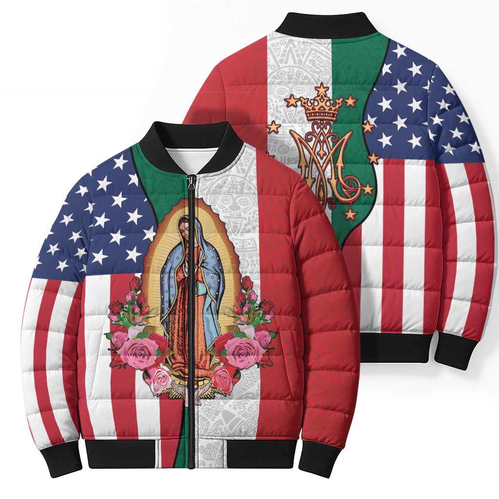 Guadalupe Virgin Mary Bomber Puffer Jacket Mexican American Flag - Wonder Print Shop