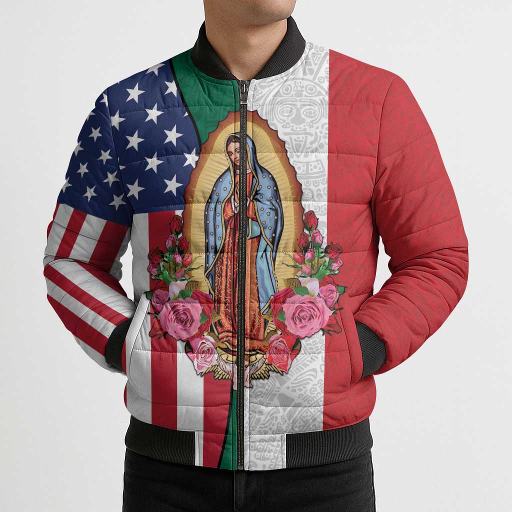 Guadalupe Virgin Mary Bomber Puffer Jacket Mexican American Flag - Wonder Print Shop