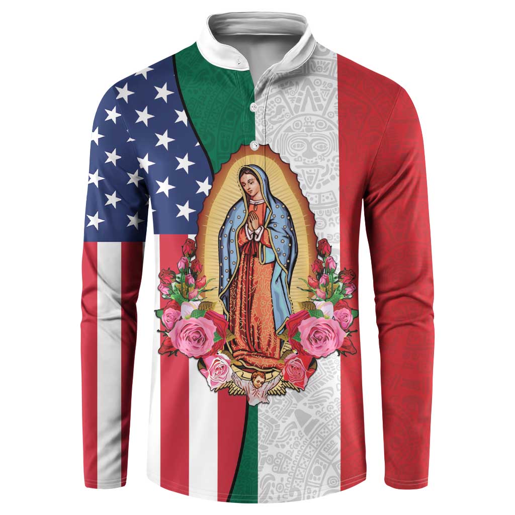 Guadalupe Virgin Mary Button Sweatshirt Mexican American Flag - Wonder Print Shop