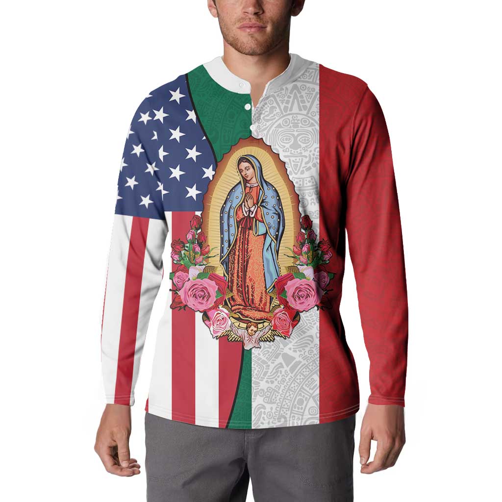 Guadalupe Virgin Mary Button Sweatshirt Mexican American Flag - Wonder Print Shop