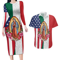 Guadalupe Virgin Mary Couples Matching Long Sleeve Bodycon Dress and Hawaiian Shirt Mexican American Flag - Wonder Print Shop