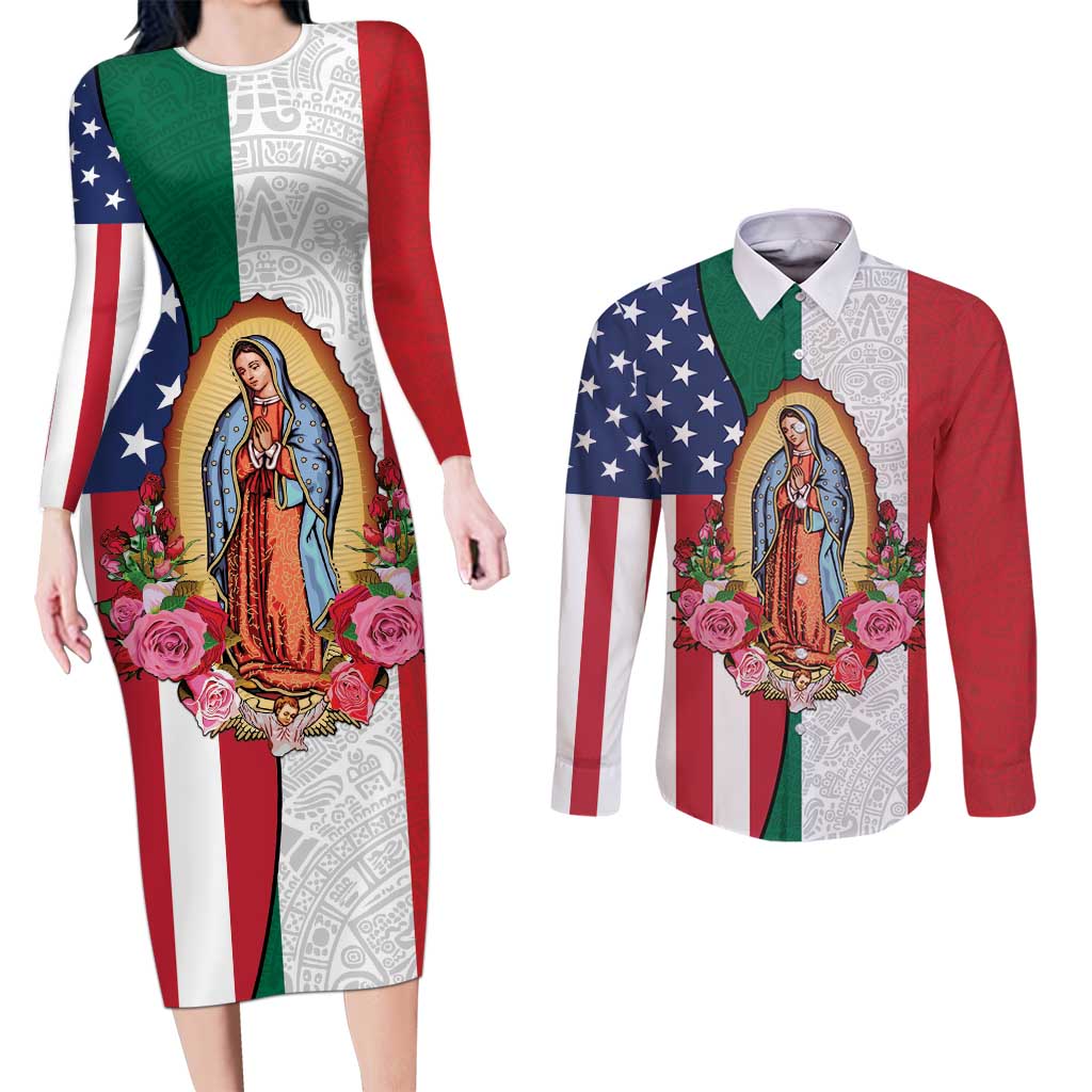 Guadalupe Virgin Mary Couples Matching Long Sleeve Bodycon Dress and Long Sleeve Button Shirt Mexican American Flag - Wonder Print Shop