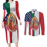 Guadalupe Virgin Mary Couples Matching Long Sleeve Bodycon Dress and Long Sleeve Button Shirt Mexican American Flag - Wonder Print Shop