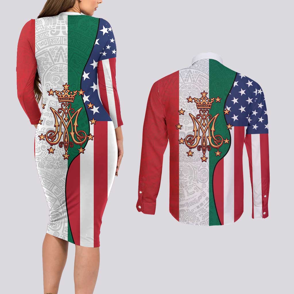 Guadalupe Virgin Mary Couples Matching Long Sleeve Bodycon Dress and Long Sleeve Button Shirt Mexican American Flag - Wonder Print Shop