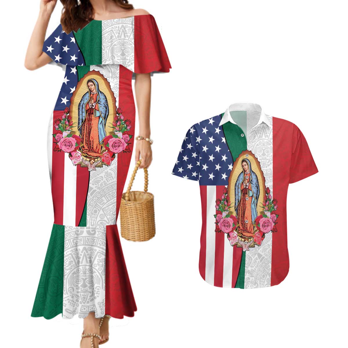 Guadalupe Virgin Mary Couples Matching Mermaid Dress and Hawaiian Shirt Mexican American Flag - Wonder Print Shop