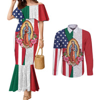 Guadalupe Virgin Mary Couples Matching Mermaid Dress and Long Sleeve Button Shirt Mexican American Flag - Wonder Print Shop