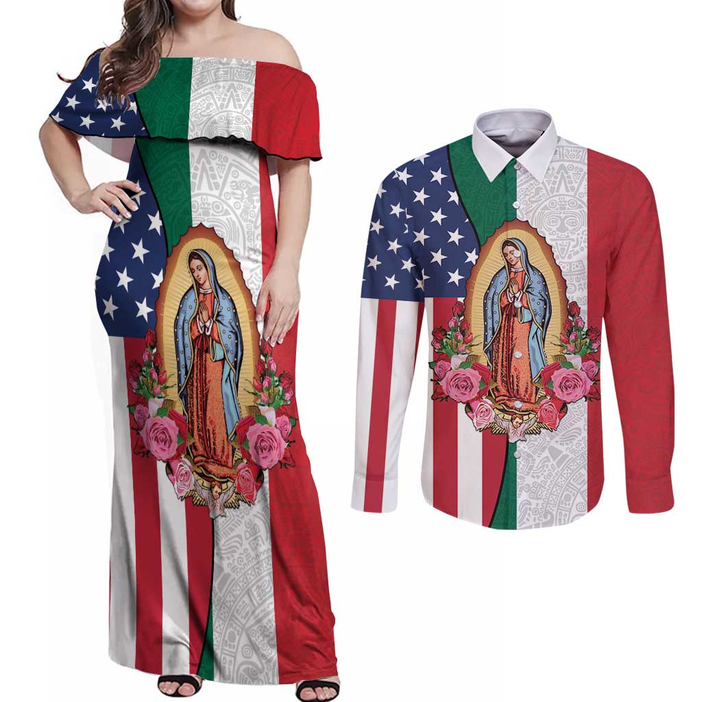 Guadalupe Virgin Mary Couples Matching Off Shoulder Maxi Dress and Long Sleeve Button Shirt Mexican American Flag - Wonder Print Shop