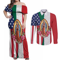 Guadalupe Virgin Mary Couples Matching Off Shoulder Maxi Dress and Long Sleeve Button Shirt Mexican American Flag - Wonder Print Shop