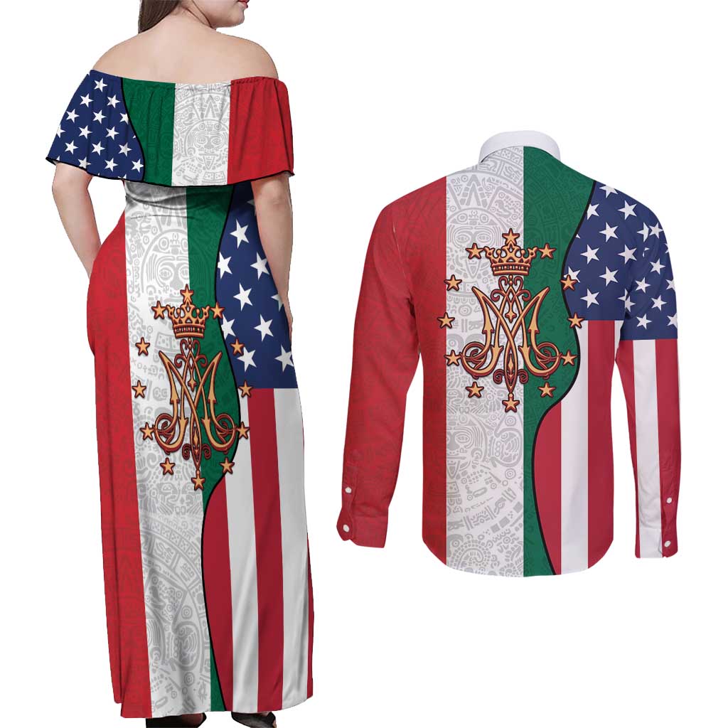 Guadalupe Virgin Mary Couples Matching Off Shoulder Maxi Dress and Long Sleeve Button Shirt Mexican American Flag - Wonder Print Shop