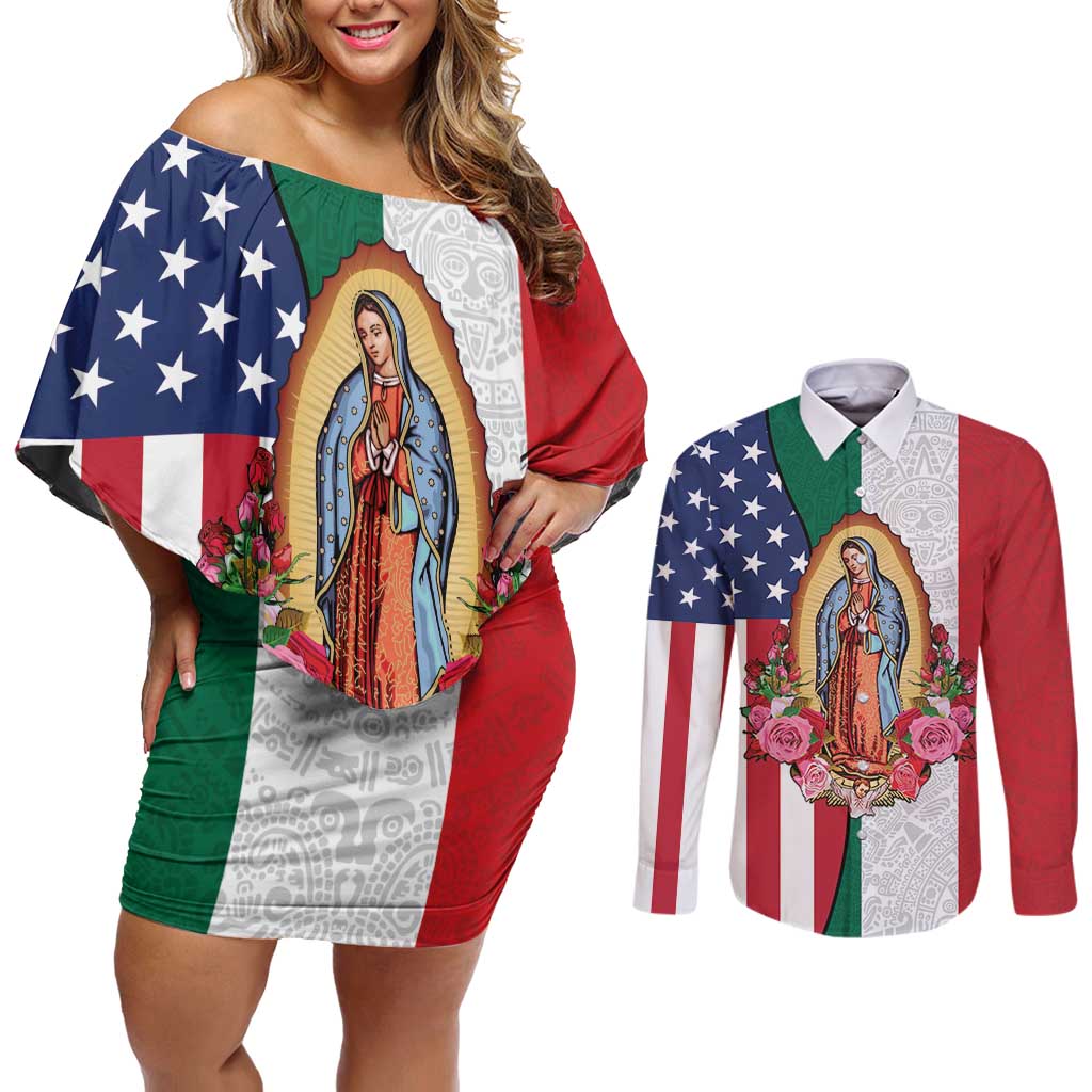 Guadalupe Virgin Mary Couples Matching Off Shoulder Short Dress and Long Sleeve Button Shirt Mexican American Flag - Wonder Print Shop