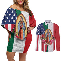 Guadalupe Virgin Mary Couples Matching Off Shoulder Short Dress and Long Sleeve Button Shirt Mexican American Flag - Wonder Print Shop
