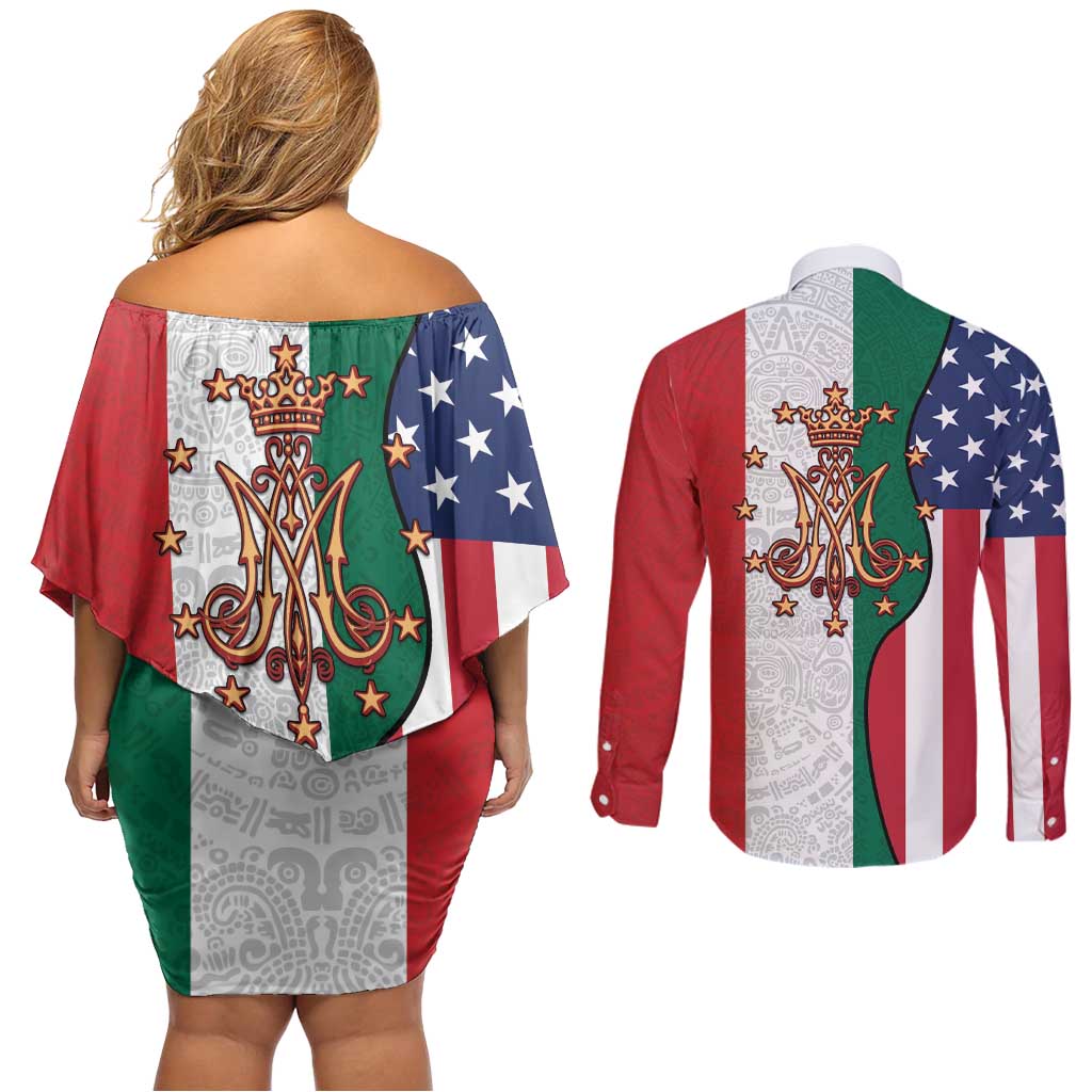 Guadalupe Virgin Mary Couples Matching Off Shoulder Short Dress and Long Sleeve Button Shirt Mexican American Flag - Wonder Print Shop
