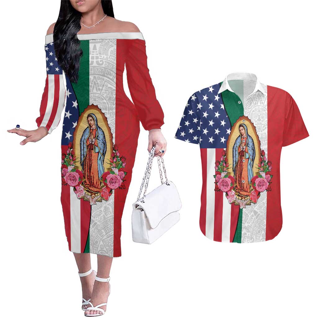 Guadalupe Virgin Mary Couples Matching Off The Shoulder Long Sleeve Dress and Hawaiian Shirt Mexican American Flag - Wonder Print Shop