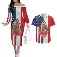 Guadalupe Virgin Mary Couples Matching Off The Shoulder Long Sleeve Dress and Hawaiian Shirt Mexican American Flag - Wonder Print Shop