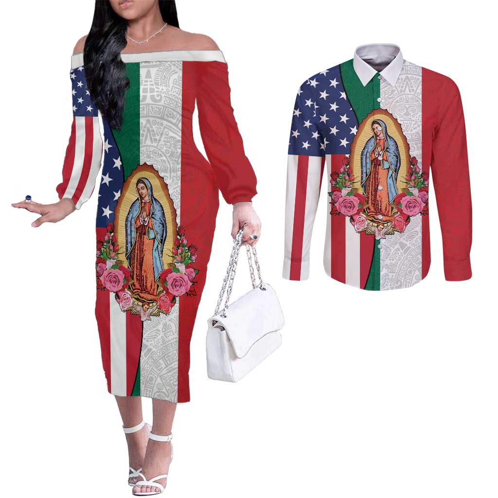 Guadalupe Virgin Mary Couples Matching Off The Shoulder Long Sleeve Dress and Long Sleeve Button Shirt Mexican American Flag - Wonder Print Shop