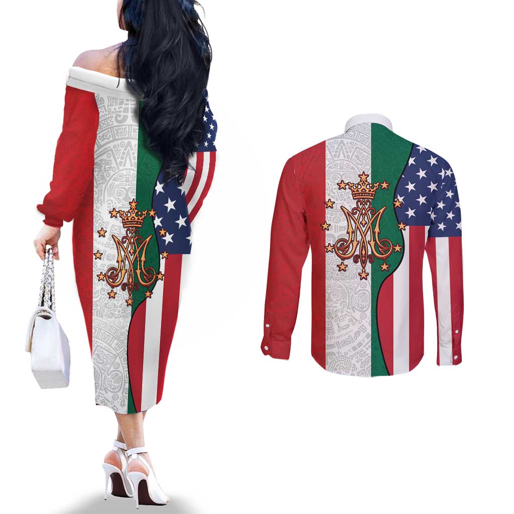 Guadalupe Virgin Mary Couples Matching Off The Shoulder Long Sleeve Dress and Long Sleeve Button Shirt Mexican American Flag - Wonder Print Shop