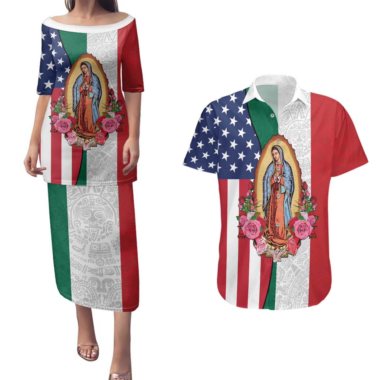 Guadalupe Virgin Mary Couples Matching Puletasi and Hawaiian Shirt Mexican American Flag - Wonder Print Shop