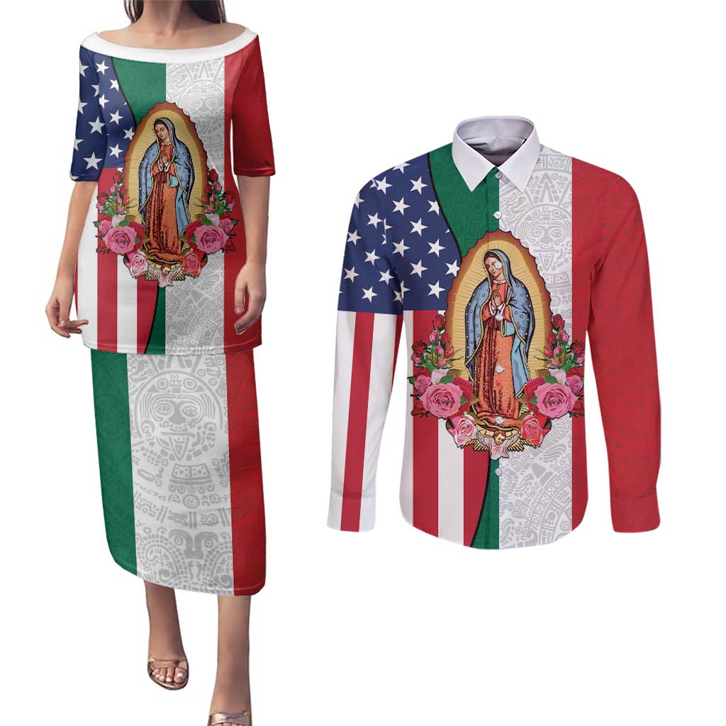 Guadalupe Virgin Mary Couples Matching Puletasi and Long Sleeve Button Shirt Mexican American Flag - Wonder Print Shop