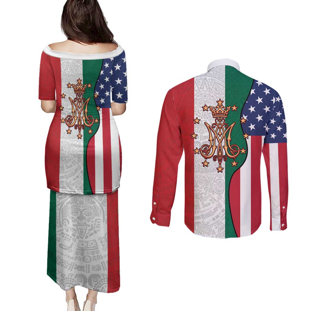 Guadalupe Virgin Mary Couples Matching Puletasi and Long Sleeve Button Shirt Mexican American Flag - Wonder Print Shop