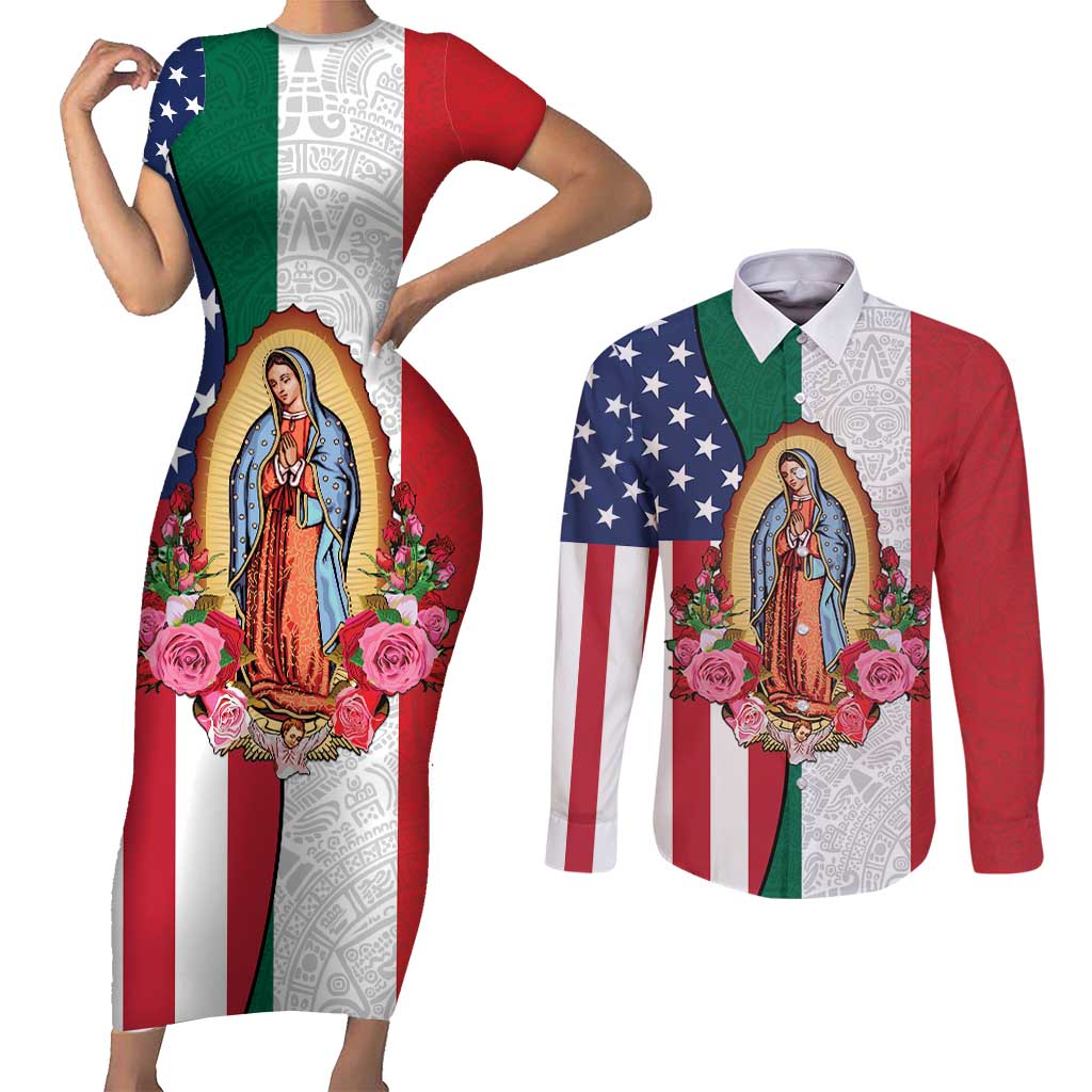 Guadalupe Virgin Mary Couples Matching Short Sleeve Bodycon Dress and Long Sleeve Button Shirt Mexican American Flag - Wonder Print Shop