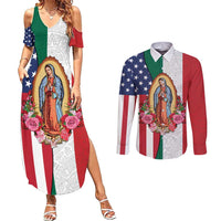 Guadalupe Virgin Mary Couples Matching Summer Maxi Dress and Long Sleeve Button Shirt Mexican American Flag - Wonder Print Shop