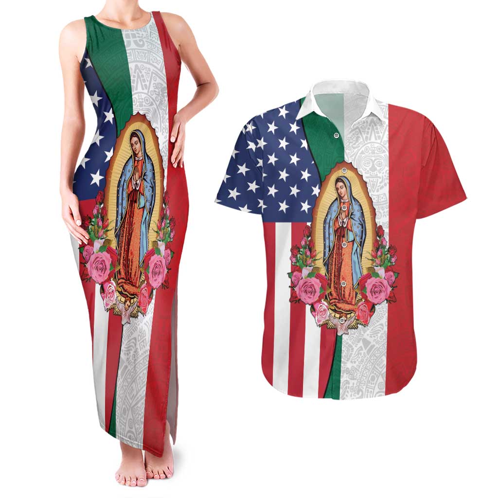 Guadalupe Virgin Mary Couples Matching Tank Maxi Dress and Hawaiian Shirt Mexican American Flag - Wonder Print Shop