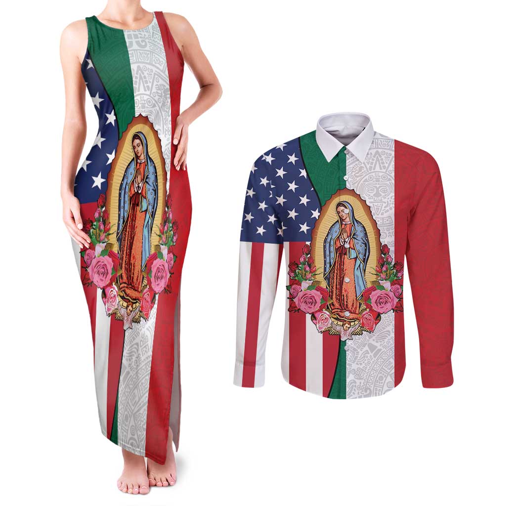 Guadalupe Virgin Mary Couples Matching Tank Maxi Dress and Long Sleeve Button Shirt Mexican American Flag - Wonder Print Shop