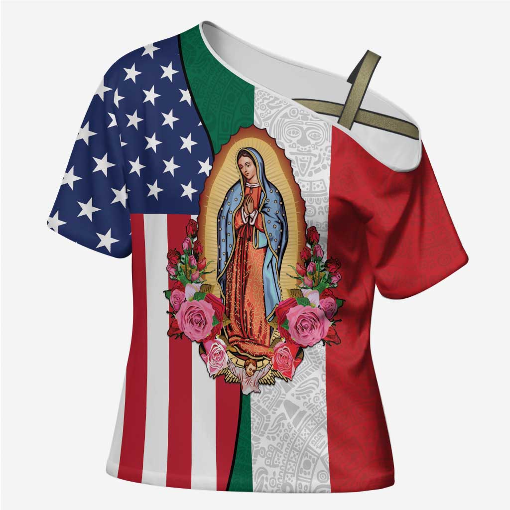 Guadalupe Virgin Mary Cross Shoulder Shirt Mexican American Flag - Wonder Print Shop