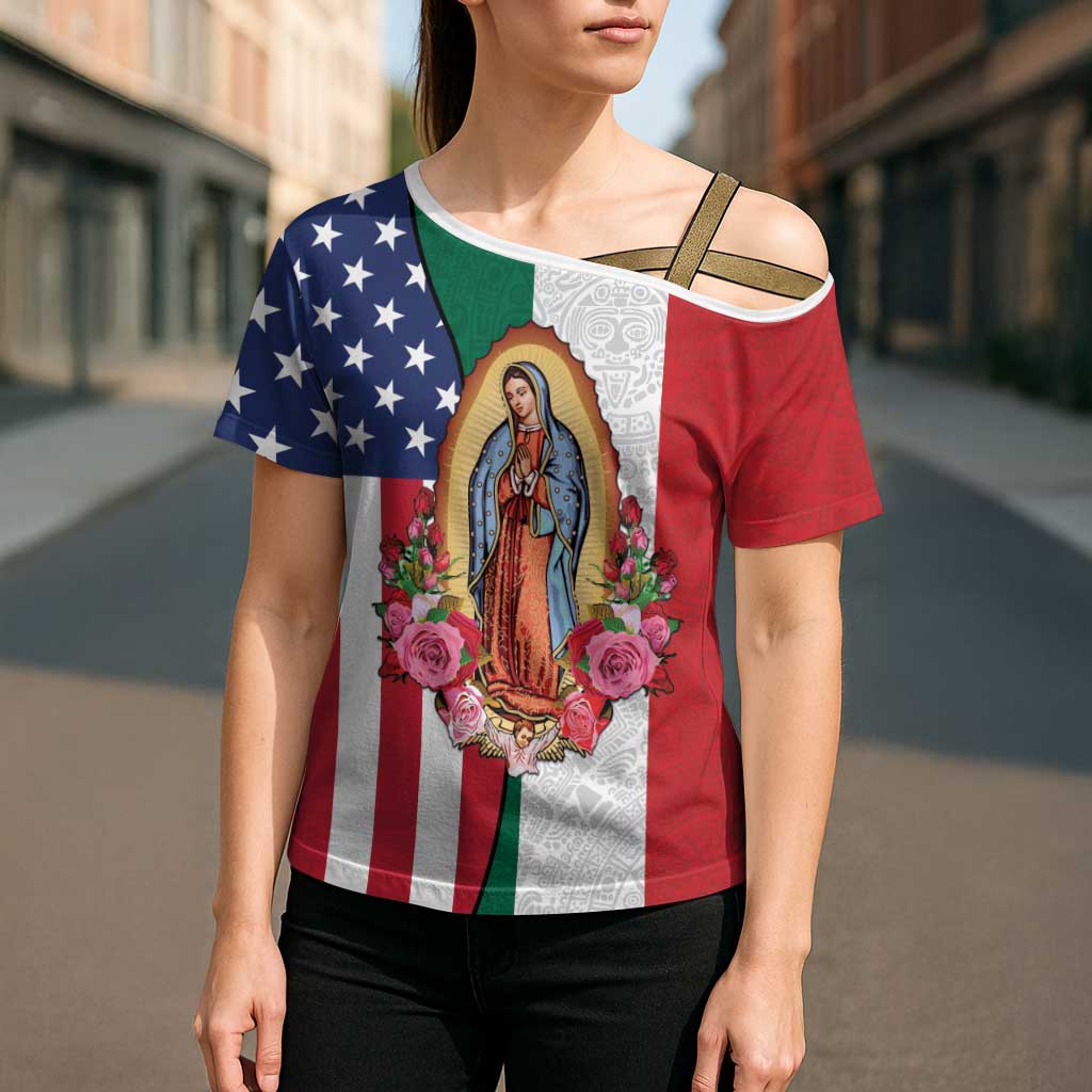 Guadalupe Virgin Mary Cross Shoulder Shirt Mexican American Flag - Wonder Print Shop
