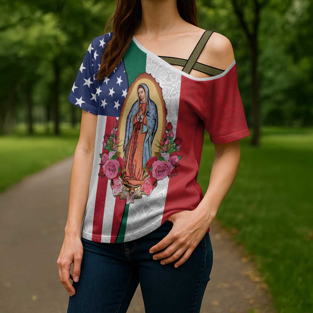 Guadalupe Virgin Mary Cross Shoulder Shirt Mexican American Flag - Wonder Print Shop