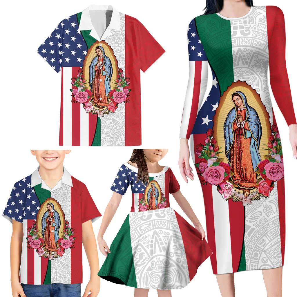 Guadalupe Virgin Mary Family Matching Long Sleeve Bodycon Dress and Hawaiian Shirt Mexican American Flag - Wonder Print Shop