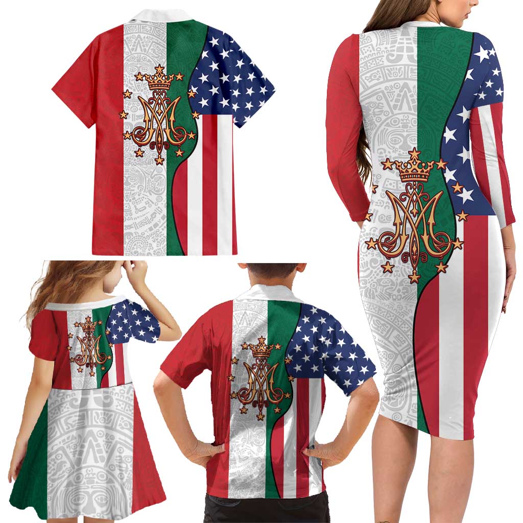 Guadalupe Virgin Mary Family Matching Long Sleeve Bodycon Dress and Hawaiian Shirt Mexican American Flag - Wonder Print Shop